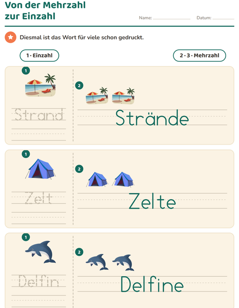 Vorschau: Einzahl und Mehrzahl-Arbeitsblatt mit Sommer für Kindergarten