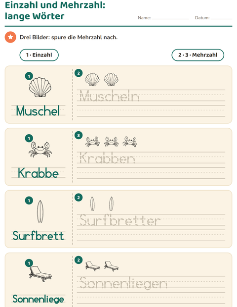 Vorschau: Einzahl und Mehrzahl-Arbeitsblatt mit Strand SW 2 für Kindergarten