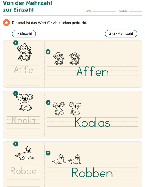 Vorschau: Einzahl und Mehrzahl-Arbeitsblatt mit Zootiere SW für Kindergarten