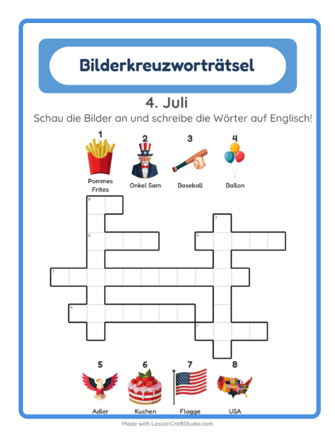 Englisches Bilderkreuzworträtsel – 4. Juli