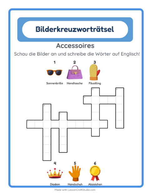 Englisches Bilderkreuzworträtsel – Accessoires