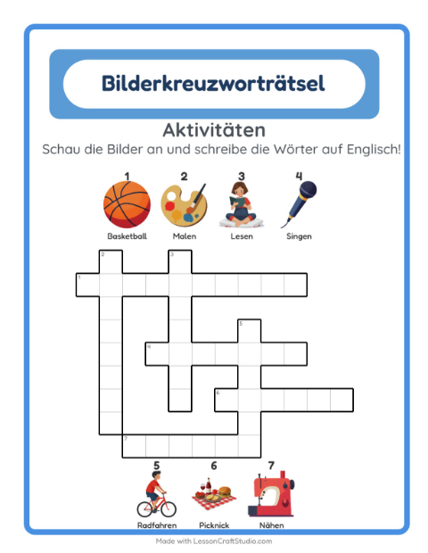 Englisches Bilderkreuzworträtsel – Aktivitäten