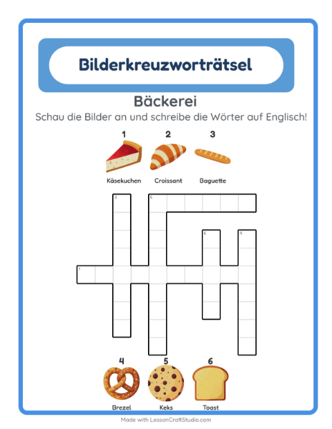 Vorschau: Englisch lernen: Bäckerei – Kreuzworträtsel für Kinder
