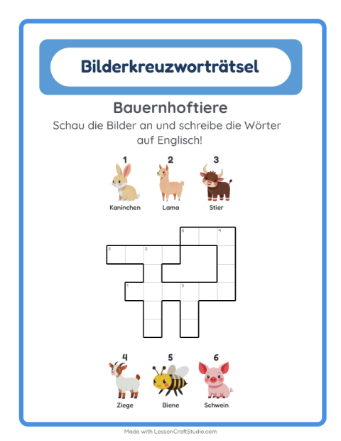 Vorschau: Englisch lernen: Bauernhoftiere – Kreuzworträtsel für Kinder