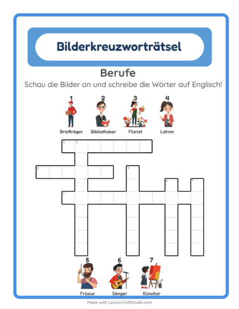 Vorschau: Englisch lernen: Berufe – Kreuzworträtsel für Kinder
