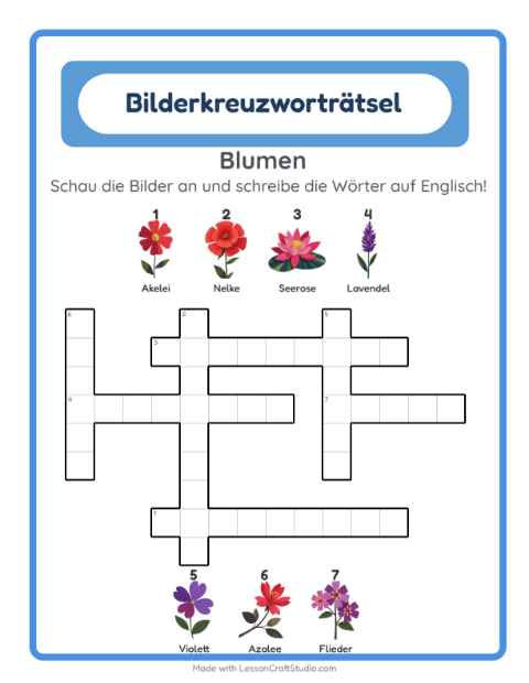 Englisches Bilderkreuzworträtsel – Blumen