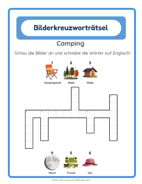 Englisches Bilderkreuzworträtsel – Camping