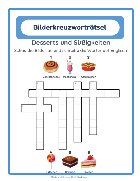 Englisches Bilderkreuzworträtsel – Desserts und Süßigkeiten