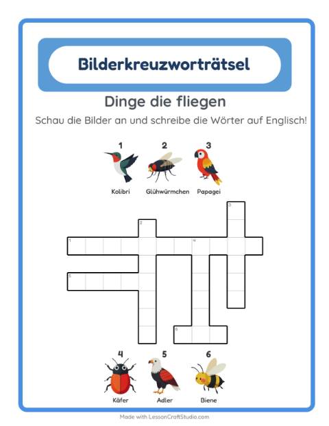 Englisches Bilderkreuzworträtsel – Dinge die fliegen