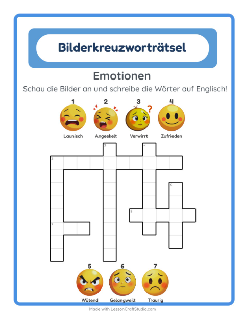 Englisches Bilderkreuzworträtsel – Emotionen