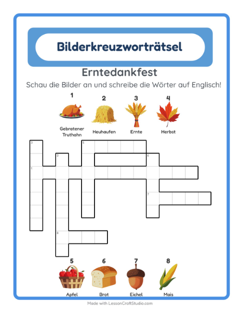 Vorschau: Englisch lernen: Erntedankfest – Kreuzworträtsel für Kinder