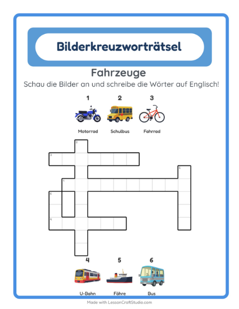 Englisches Bilderkreuzworträtsel – Fahrzeuge