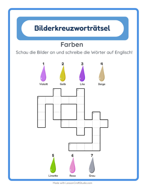 Englisches Bilderkreuzworträtsel – Farben