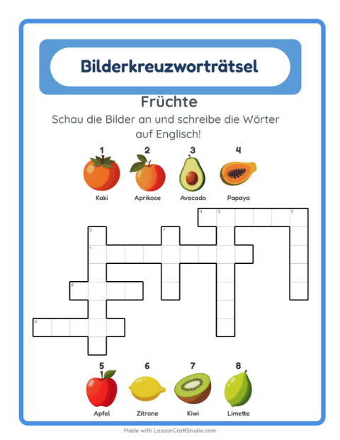 Englisches Bilderkreuzworträtsel – Früchte