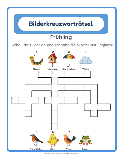 Vorschau: Englisch lernen: Frühling – Kreuzworträtsel für Kinder