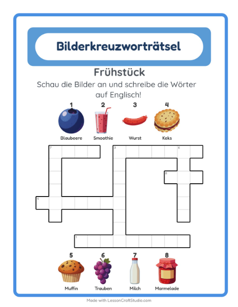 Englisches Bilderkreuzworträtsel – Frühstück