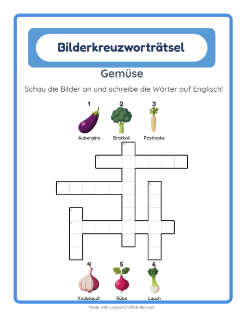 Englisches Bilderkreuzworträtsel – Gemüse