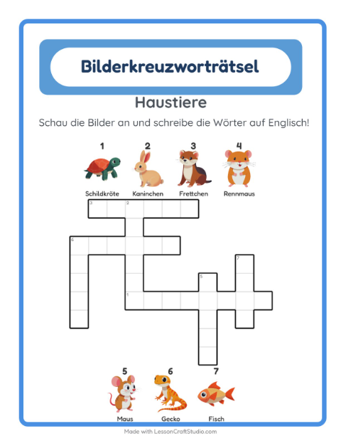 Englisches Bilderkreuzworträtsel – Haustiere