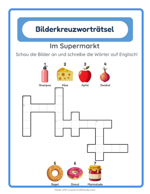 Englisches Bilderkreuzworträtsel – Im Supermarkt