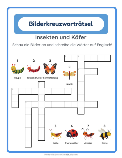 Englisches Bilderkreuzworträtsel – Insekten und Käfer