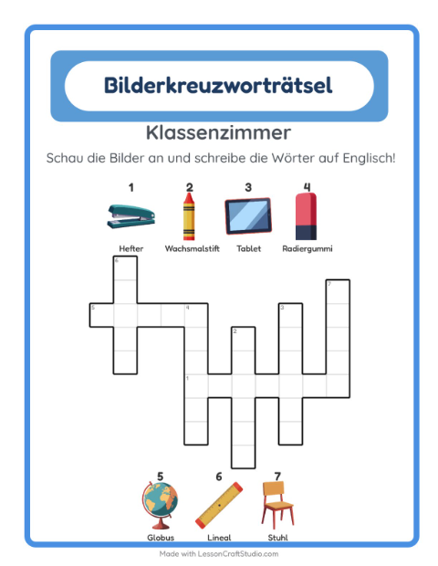 Vorschau: Englisch lernen: Klassenzimmer – Kreuzworträtsel für Kinder