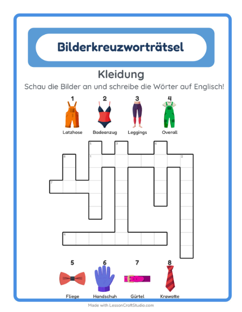 Englisches Bilderkreuzworträtsel – Kleidung