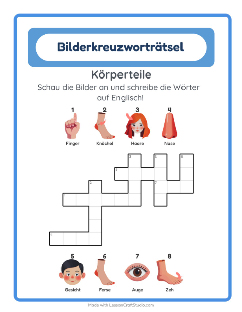 Englisches Bilderkreuzworträtsel – Körperteile