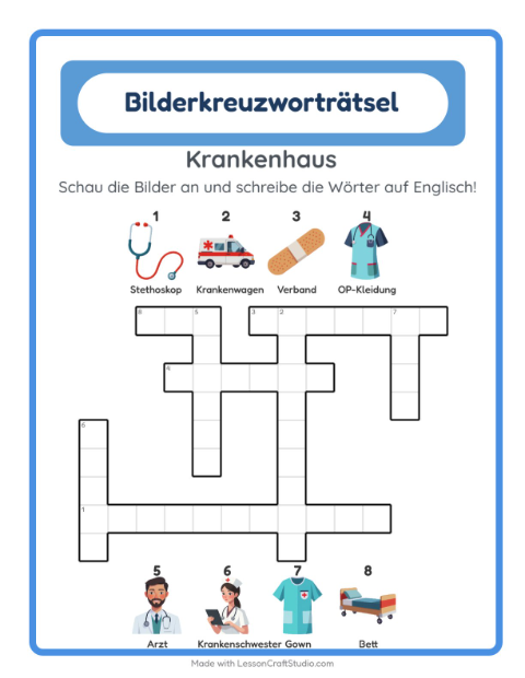 Englisches Bilderkreuzworträtsel – Krankenhaus