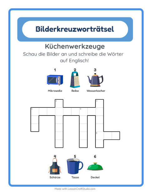 Englisches Bilderkreuzworträtsel – Küchenwerkzeuge