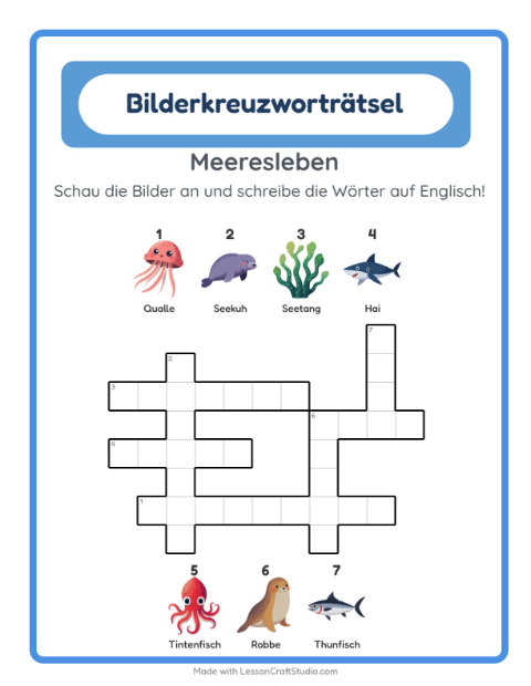 Englisches Bilderkreuzworträtsel – Meeresleben