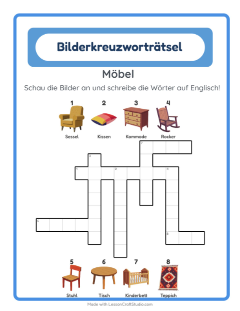 Englisches Bilderkreuzworträtsel – Möbel