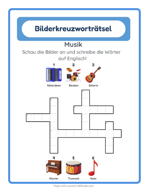Englisches Bilderkreuzworträtsel – Musik