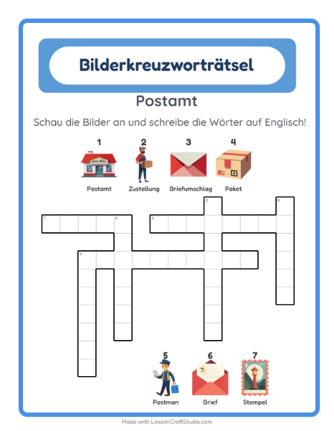 Englisches Bilderkreuzworträtsel – Postamt