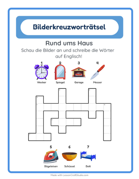 Englisches Bilderkreuzworträtsel – Rund ums Haus