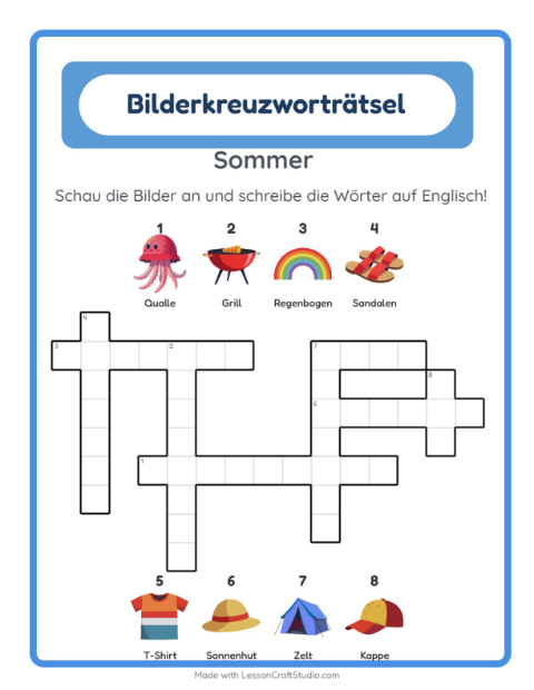 Englisches Bilderkreuzworträtsel – Sommer