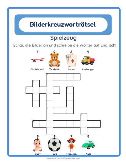 Englisches Bilderkreuzworträtsel – Spielzeug
