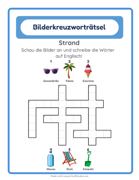 Englisches Bilderkreuzworträtsel – Strand