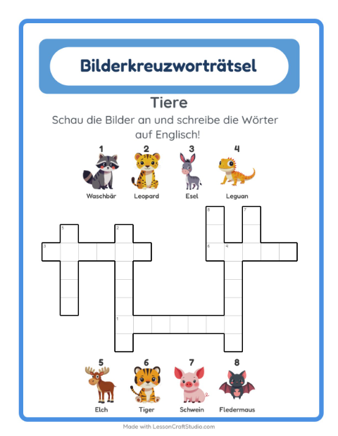 Vorschau: Englisch lernen: Tiere – Kreuzworträtsel für Kinder