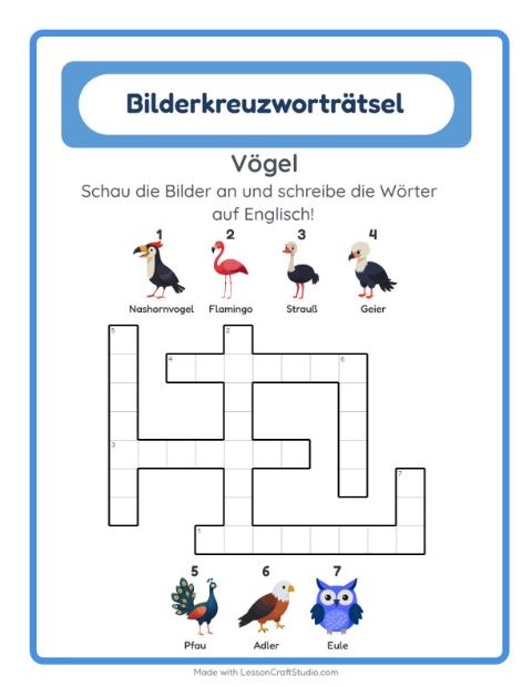 Englisches Bilderkreuzworträtsel – Vögel