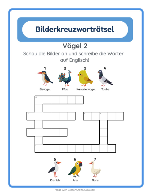 Englisches Bilderkreuzworträtsel – Vögel 2