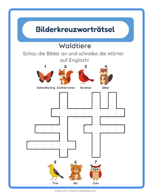 Englisches Bilderkreuzworträtsel – Waldtiere