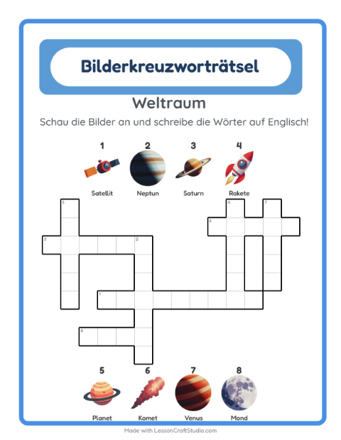 Englisches Bilderkreuzworträtsel – Weltraum