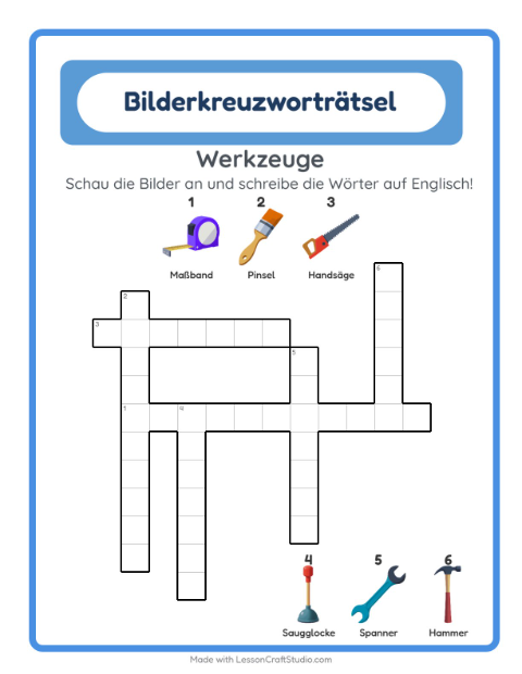 Englisches Bilderkreuzworträtsel – Werkzeuge