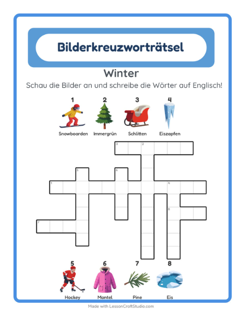 Englisches Bilderkreuzworträtsel – Winter