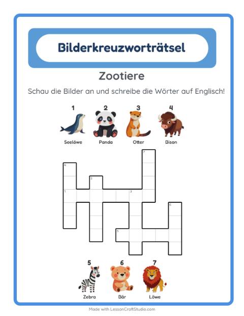 Englisches Bilderkreuzworträtsel – Zootiere
