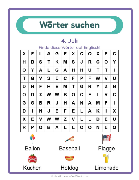 Vorschau: Englisch lernen: 4. Juli – Wortsuche für Kinder