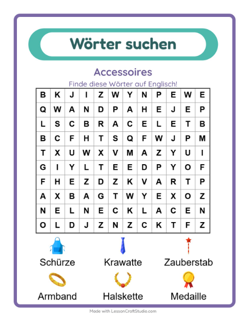 Vorschau: Englisch lernen: Accessoires – Wortsuche für Kinder