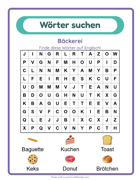 Englische Wortsuche – Bäckerei