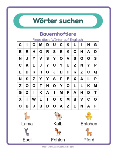 Englische Wortsuche – Bauernhoftiere