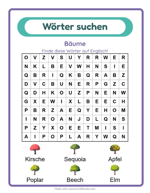 Vorschau: Englisch lernen: Bäume – Wortsuche für Kinder